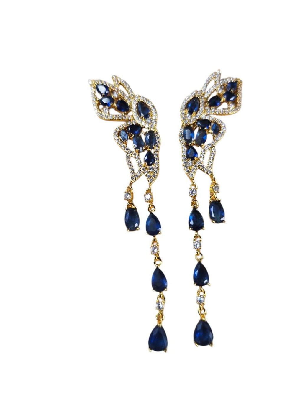 Women's Gold Plated Blue Rhinestone Dangle Chandelier Pierced Earrings